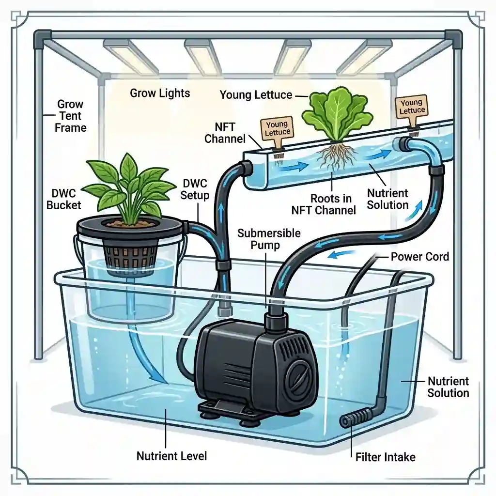 A high-quality submersible hydroponic water pump positioned inside a nutrient reservoir for a home garden system.