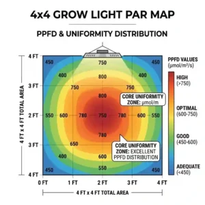 A detailed PAR map showing uniform PPFD distribution across the entire coverage area of a 4x4 grow light.