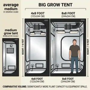 Dimension chart comparing standard medium enclosures to a big grow tent in 4x8 and 8x8 foot sizes for scale.