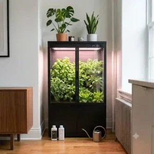 Small compact indoor grow box sitting on a kitchen countertop growing fresh herbs.