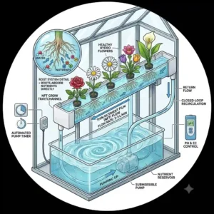 A detailed illustration showing how hydro flowers receive water and nutrients through a nutrient film technique setup.
