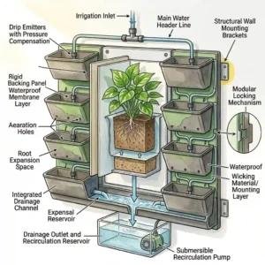 A detailed diagram showing the structural layers of a green wall vertical garden, including the wall bracket, waterproof backing, grow media, and automated irrigation lines.