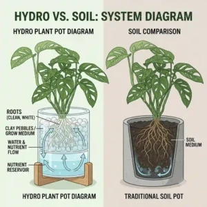 Cross-section diagram showing how hydro plant pots deliver water and nutrients directly to plant roots.