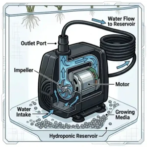 A technical diagram illustrating how a hydroponic water pump moves nutrient solution from a reservoir to plant roots.