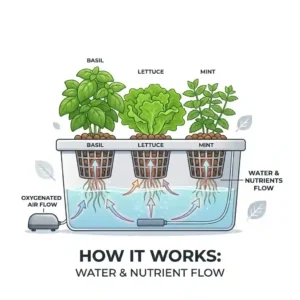 A cross-section illustration showing how a plant pot hydroponics system delivers water and nutrients directly to the roots.