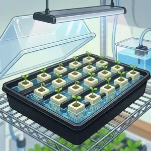 Illustration showing the early germination stages of hydroponic seedlings in rockwool cubes.