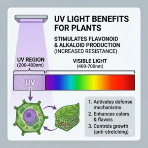 An educational illustration charting the UV light spectrum and the specific benefits of uv light for indoor plants.