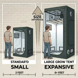 An illustration showing the dimensions and size comparison of a large grow tent next to an average-sized room.