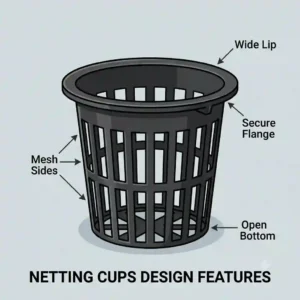 Diagram illustrating the mesh sides and wide lip design of standard netting cups.