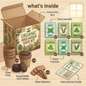 A flat lay vector infographic breaking down the contents of complete seed kits, detailing components like soil pellets, plant markers, and instructions.