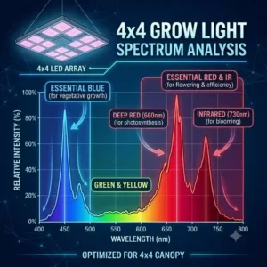 Spectral analysis graph of a 4x4 grow light highlighting essential blue and red wavelengths for plant growth.