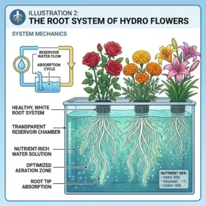 An illustration of the clean, white root system of hydro flowers submerged in a nutrient-rich water solution.