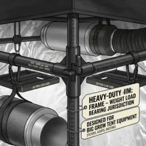 Thick steel interlocking poles and metal corners of a big grow tent frame designed to hold heavy carbon filters and lights.