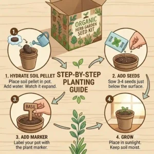Step-by-step planting guide for seed kits showing how to hydrate soil pellets, sow the seeds, add markers, and grow the plants in sunlight.