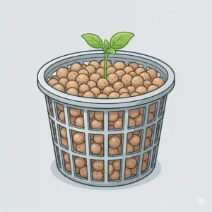 Illustration of a mesh net pot used in hydroponics filled with clay pebbles supporting a small plant.