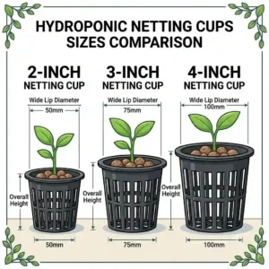 A size comparison chart showing 2-inch, 3-inch, and 4-inch netting cups side by side.
