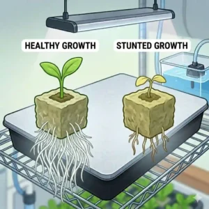 Diagram comparing healthy white root development of hydroponic seedlings versus stunted roots.