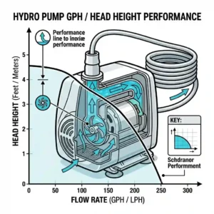 An easy-to-read chart showing recommended hydroponic water pump GPH ratings based on system size.