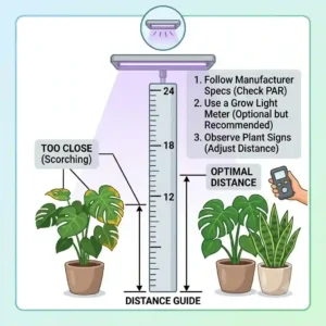 A diagram illustrating the correct distance and positioning of a uv light for indoor plants above potted greenery to avoid leaf burn.