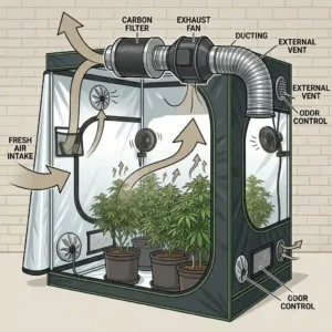 A diagram illustrating proper airflow and ventilation setup inside a large grow tent using inline duct fans and carbon filters.