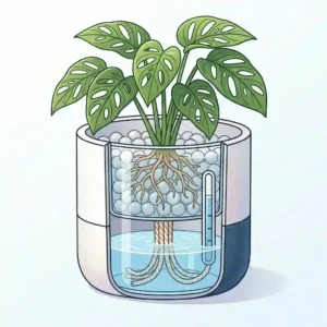 Illustration of the internal water reservoir and wick mechanism inside self watering hydro plant pots.