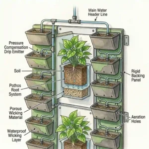 An illustration of a built-in drip irrigation system watering a multi-level indoor green wall vertical garden setup.