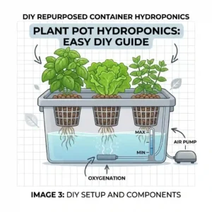 Step-by-step graphic detailing how to build a DIY plant pot hydroponics reservoir at home.