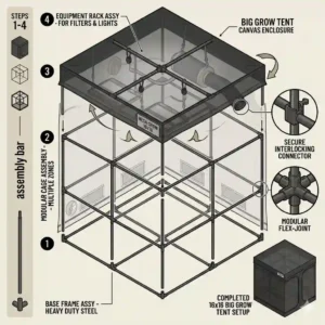 Step-by-step structural blueprint and assembly guide layout for setting up a big grow tent frame and canvas.