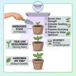 A stylized graphic showing healthy green seedlings sprouting under a focused uv light for indoor plants.