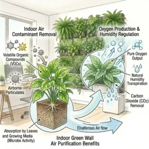 An infographic illustrating how an indoor green wall vertical garden filters toxins, purifies air, and releases oxygen into a home office.