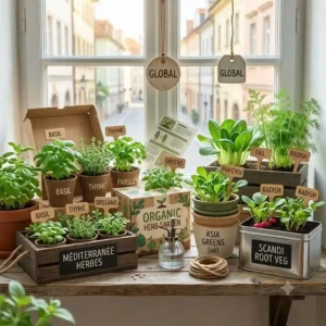 A vibrant indoor windowsill setup featuring a diverse collection of thriving herb and vegetable seed kits from different global regions.