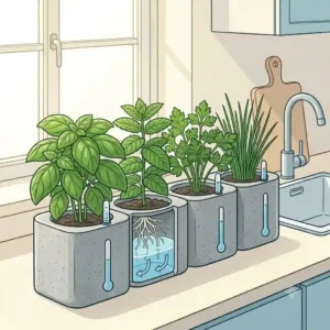 Fresh basil and mint growing in compact hydro plant pots on a modern kitchen countertop.