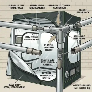 An illustration highlighting the durable steel poles, corner connectors, and heavy-duty fabric of a large grow tent frame.