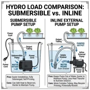 A side-by-side comparison of a submersible hydroponic water pump and an external inline pump for nutrient delivery.