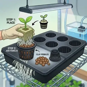 Illustration of how to safely transplant young hydroponic seedlings into net pots with clay pebbles.