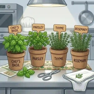 Fresh culinary herbs growing on a kitchen counter from premium seed kits, featuring lush pots of basil, parsley, and rosemary.