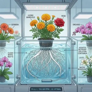 A space-saving vertical wall garden filled with blooming hydro flowers under LED grow lights.