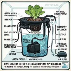 An illustration of a small hydroponic water pump integrated into a Deep Water Culture (DWC) bucket system.
