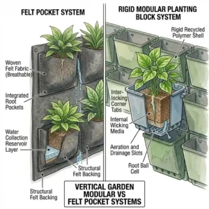 A comparison illustration contrasting a felt pocket system with a rigid plastic modular planting block setup for a green wall vertical garden.