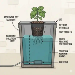 Diagram illustrating the correct water and nutrient solution levels inside a hydroponic plant pot.