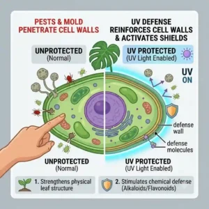 An illustration demonstrating how using uv light for indoor plants helps deter pests and prevent mold growth.