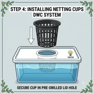 Line drawing of netting cups being placed into the pre-drilled holes of a deep water culture hydroponic lid.