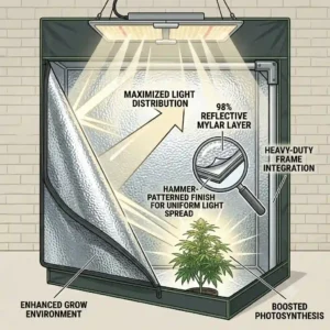 A close-up illustration of the diamond reflective Mylar interior lining of a large grow tent maximizing light distribution.