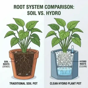 Side by side comparison of plant root growth in traditional soil versus a clean hydro plant pots system.