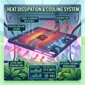 Technical illustration of the heat dissipation and passive cooling design of a high-power 4x4 grow light.