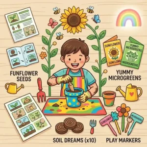 A playful and colorful vector illustration of a child happily planting beginner-friendly sunflower and microgreen seed kits
