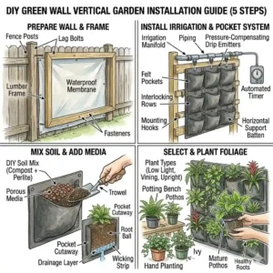 Step-by-step graphic showing how to securely mount and build a DIY green wall vertical garden on an outdoor patio fence.