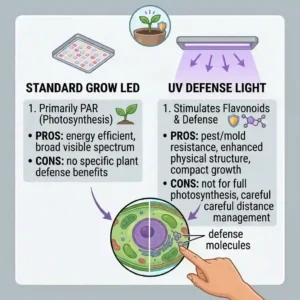 A side-by-side comparison illustration detailing the difference between standard LEDs and dedicated uv light for indoor plants.