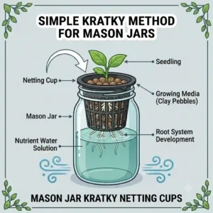 Graphic tutorial of a small netting cup holding a seedling inside the mouth of a Mason jar.