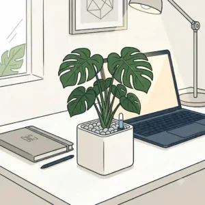 A minimalist office desk setup featuring a small monstera plant in white hydro plant pots.